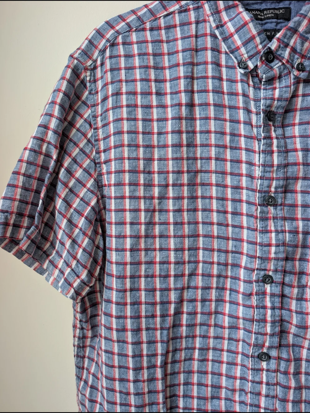 Banana Republic Linen Short Sleeve Shirt Mens L Blue Red White Plaid Camden Fit